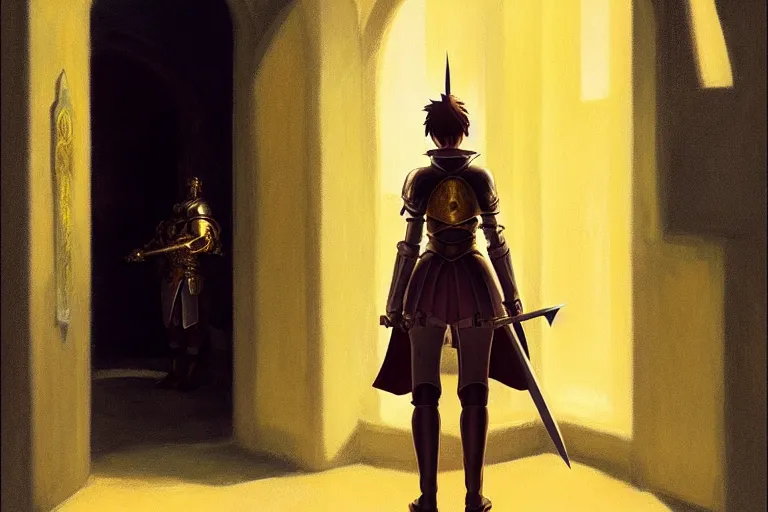 Prompt: anime key visual of young female fantasy knight, shoulder length brown hair shining detailed platinum and gold armor, wielding two daggers, standing in the doorway of an ancient monastery, style of jamie wyeth james gilleard edward hopper greg rutkowski acrylic painting, preserved museum piece, historical