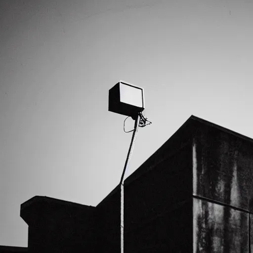 Image similar to black and white security camera image of a black silhouette of a figure caught in an abandoned brutalism structure