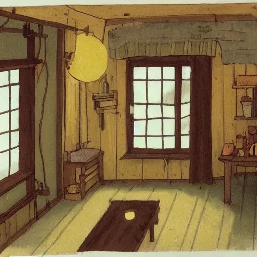 Prompt: studio Ghibli, the interior of a small cottage, warm lighting
