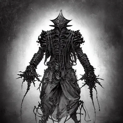 Image similar to “ a full - body portrait of victorian evil knight by emil melmoth, zdzislaw beksinski, craig mullins, yoji shinkawa, cross, artstation, pete morbacher, hyper detailed, cthulhu samurai armor, golden decoratived jaw armor, very detailed, artstation, rendering by octane, unreal engine, spaceship interior background. ”