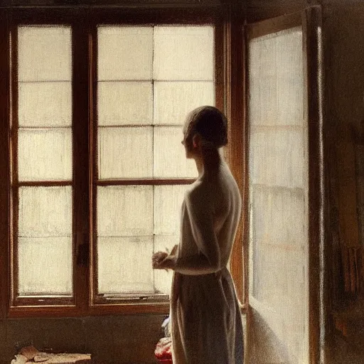 Image similar to person in pyjamas standing near window, sun rays, daylight, french door window, 2 4 mm, anamorph lenses, photorealistic, high ceiling, painting by thomas eakins