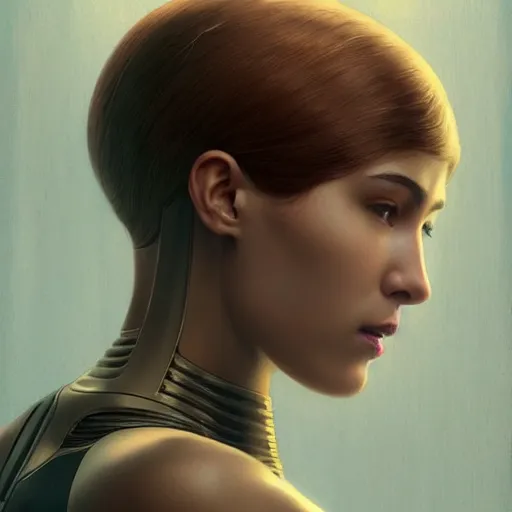 Prompt: Ava from Ex Machina (2014), intricate, headshot, highly detailed, digital painting, artstation, concept art, sharp focus, cinematic lighting, illustration, art by artgerm and greg rutkowski, alphonse mucha, cgsociety