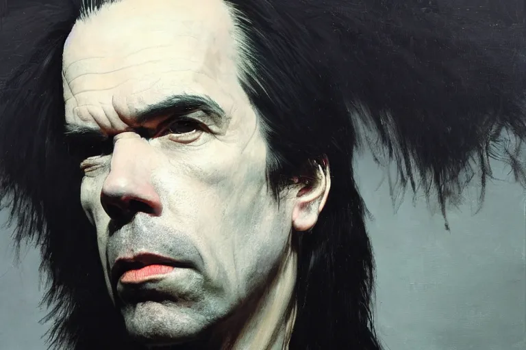 Image similar to a portrait of nick cave, masterpiece, dramatic lighting, painting by caravaggio and ruan jia and daytoner and jakub rebelka