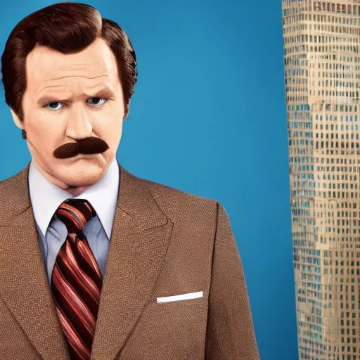 Image similar to a movie still of Alex Trebeck as Ron Burgundy in a new movie Anchorman 3