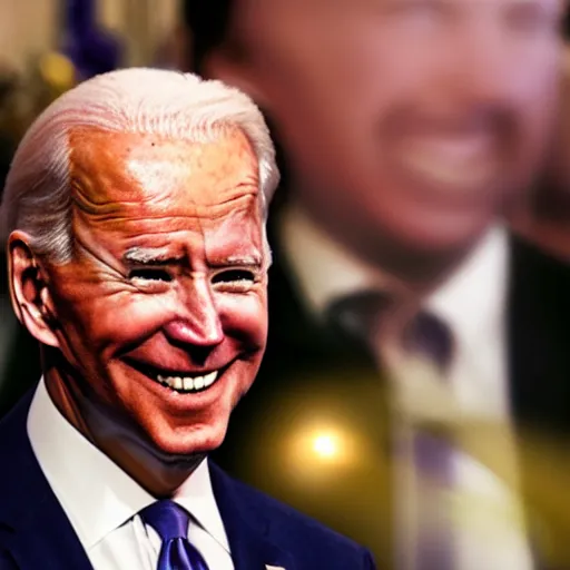 Image similar to Biden smiling with red glowing eyes staring at a crowd of people crying, oil painting