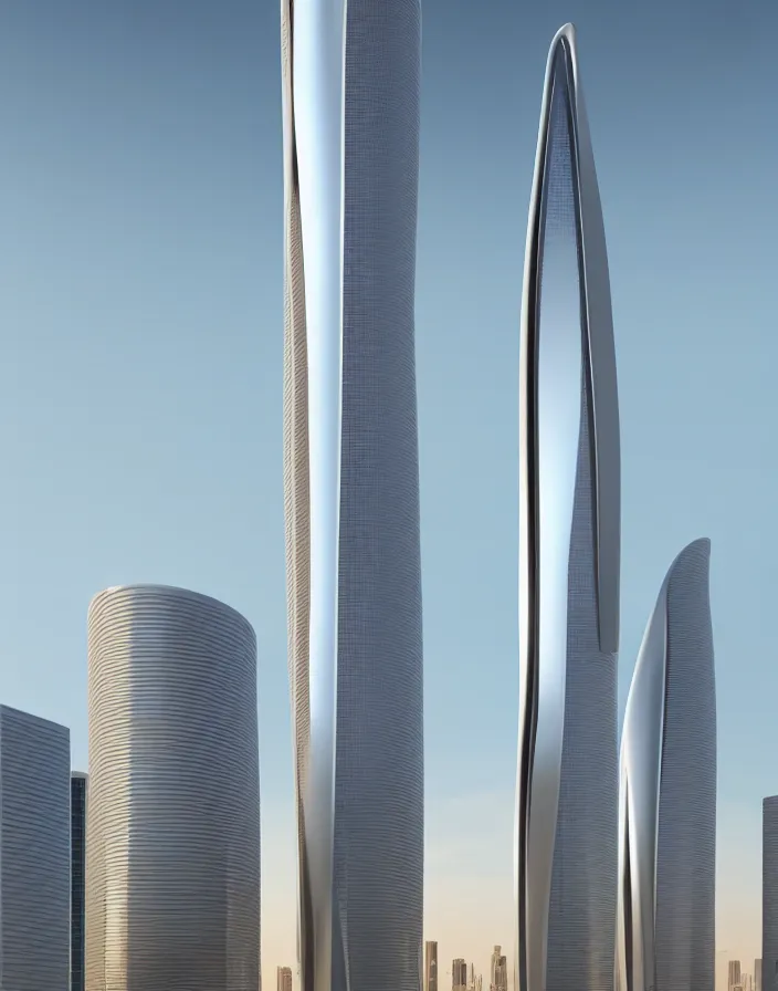 Image similar to al hamra tower, futuristic, evolution tower, santiago calatrava, futuristic tower architecture, 8 k render, beige in the middle of a spacious futuristic city