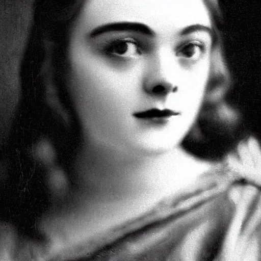 Image similar to headshot edwardian photograph of elle fanning, 1 9 2 0 s film actress, realistic face, 1 9 1 0 s, grainy, victorian, detailed, soft blur