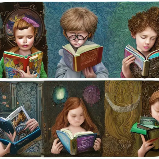 Prompt: realistic detailed face portraits and fully body poses of children reading books by emilia dziubak, will terry, greg olsen, chris mars, ann long, and mark brooks, fairytale, art nouveau, victorian, neo - gothic, character concept design, smooth, extremely sharp detail, finely tuned detail, story book design, storybook layout