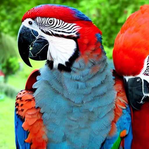 Image similar to Falcon and macaw parrot hybrid animal, realistic photo, taken in zoo,