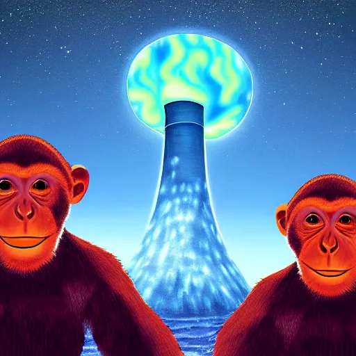 Image similar to high quality digital painting, monkeys playing with glowing radioactive rocks, nuclear power plant in the background