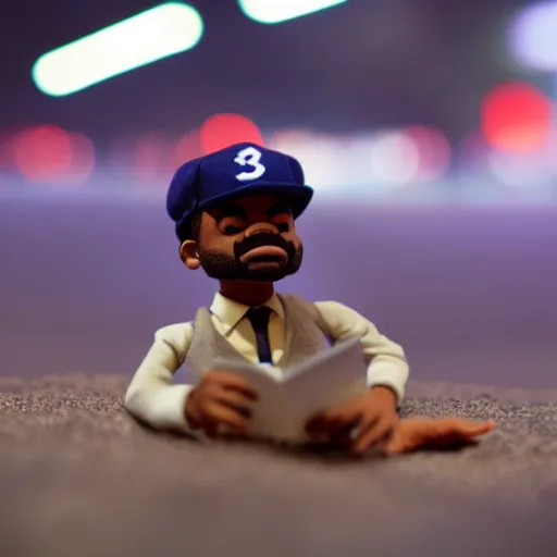 Image similar to a cinematic film still of a claymation stop motion film starring chance the rapper as a college student, shallow depth of field, 8 0 mm, f 1. 8