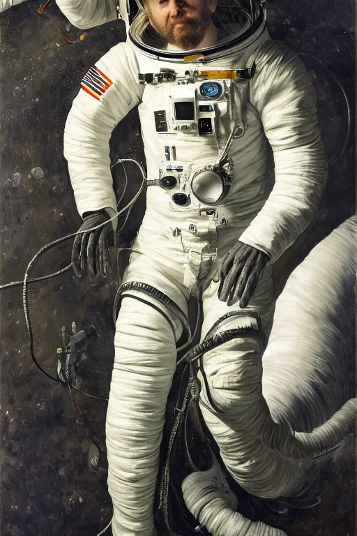 Image similar to an astronaut with cables in the body, 8 k, hdr, great light, gustave courbet, annie leibowitz