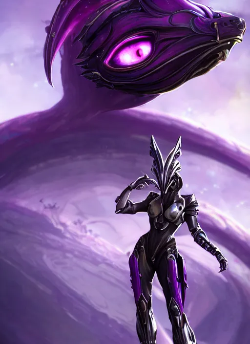 Image similar to cinematic close shot, galactic sized goddess, proportional stunning beautiful hot female warframe, detailed sleek cyborg female dragon head, metal ears, sleek purple eyes, sleek silver armor, smooth fuschia skin, floating in space, holding a planet, epic proportions, epic size, epic scale, furry art, dragon art, giantess art, warframe fanart, furaffinity, deviantart