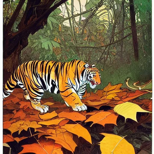 Image similar to a highly detailed cartoon tiger waving a leaf fan, autumn leaves on the ground, concise lines, ultradetailed environment, sharp focus, cinematic lighting, by alphonse maria mucha and kim jung gi