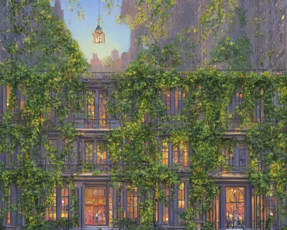 Prompt: an achingly beautiful print of a vibrant New York four seasons hotel, lit by glowing wrought-iron lanterns and overgrown with ivy, on Billionaire's Row by Raphael, Hopper, and Rene Magritte. detailed, romantic, trending on artstation.