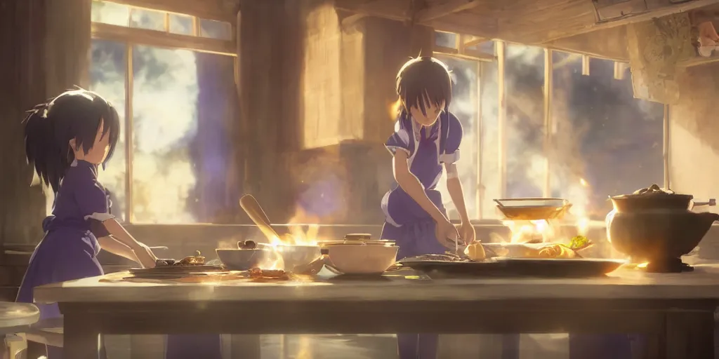 Image similar to a wholesome animation key shot of violet evergarden cooking tasty ramen in the kitchen, medium shot, waist up, studio Ghibli, Pixar and Disney animation, sharp, Rendered in Unreal Engine 5, anime key art by Greg Rutkowski, Bloom, dramatic lighting