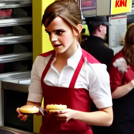 Image similar to a medium shot of Emma Watson as a Burger King employee working, annoyed facial expression, flash photography, candid photography