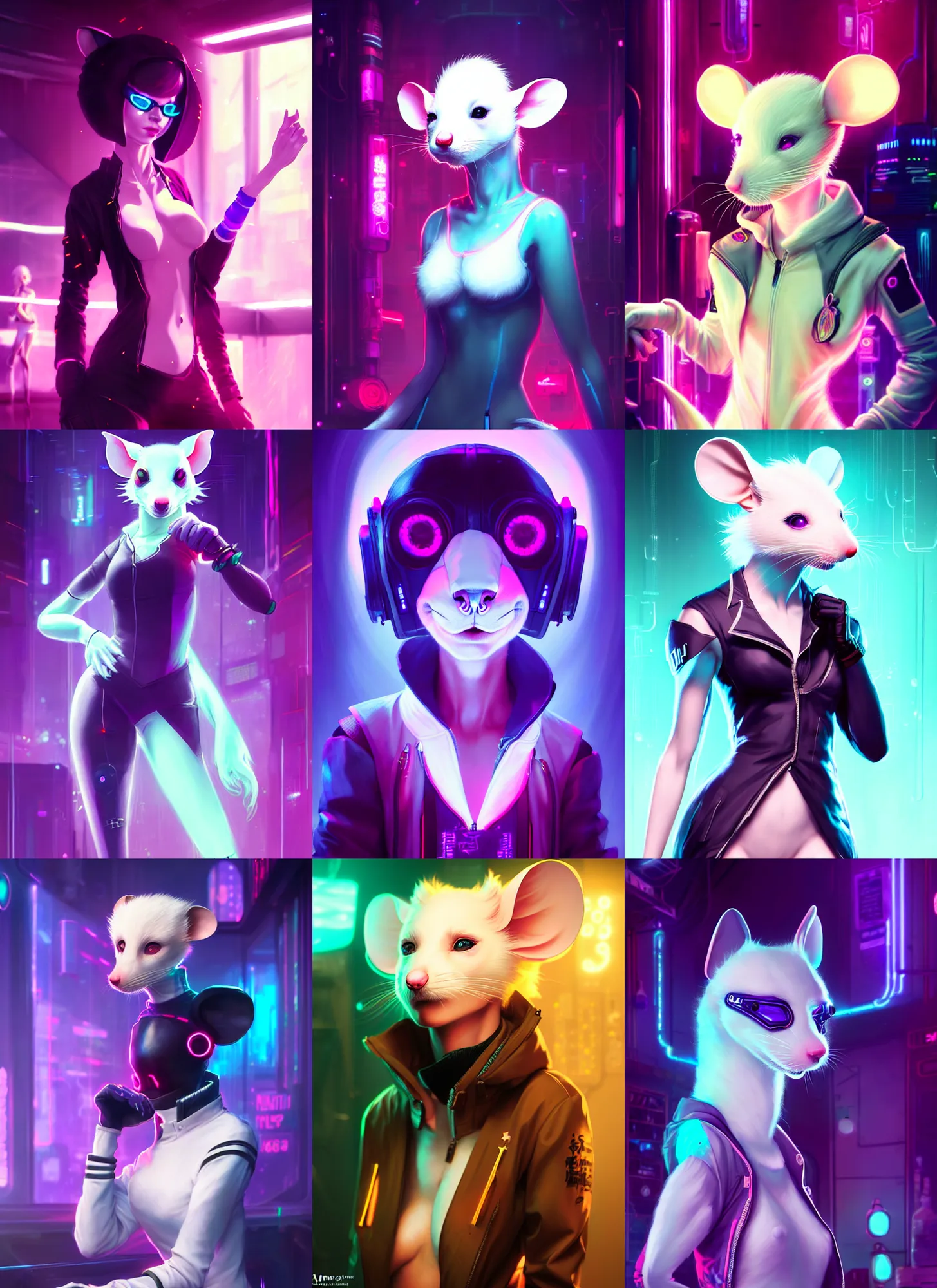 Prompt: beautiful portrait of a female anthropomorphic albino mouse fursona wearing cyberpunk clothes in a cyberpunk dance club. character design by disney, charlie bowater, ross tran, artgerm, and makoto shinkai, detailed, soft lighting, rendered in octane