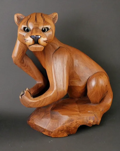 Image similar to wooden carving statue of a cougar, product picture, ebay listing thumbnail