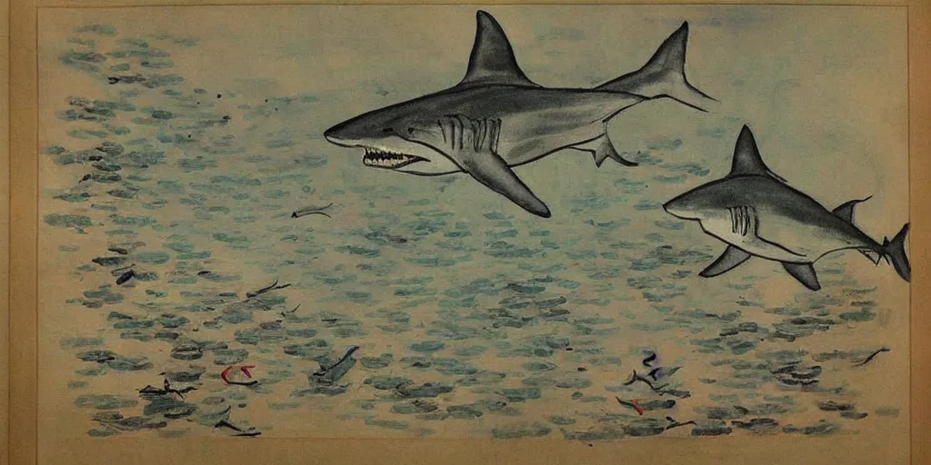 Prompt: a shark with ten heads is painting a chinese painting ， by monet