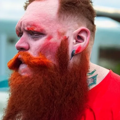 Image similar to an ex con gangster florida man baby with a big red beard and facial tattoos