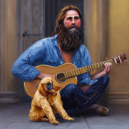 Image similar to oil painting of a young man with long hair blond and a beard hippie style with his golden retrever dog playing guitar in the square for money, people watching around, by greg rutkowski, artstation