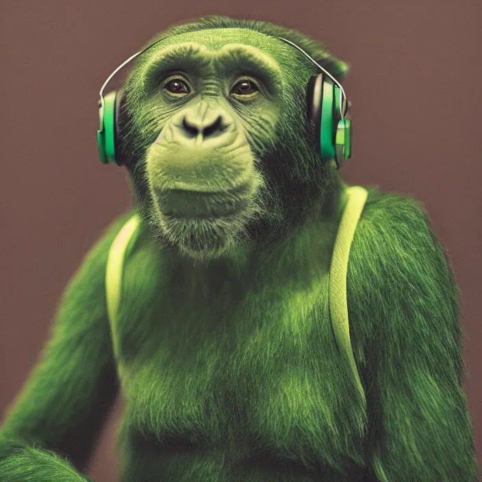 Image similar to a high quality photo of a green chimp wearing headphones, realism, 8k