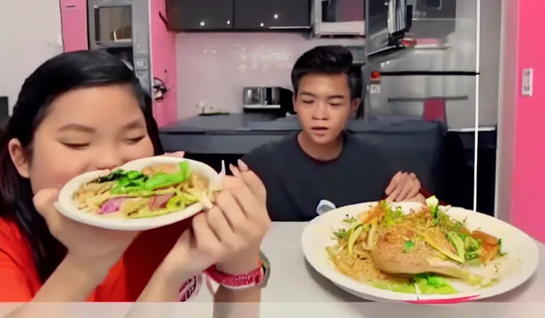 Prompt: Screencap from a mukbang video where a Filipino teenager eats a pair of sneakers