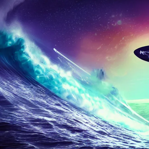 Image similar to photo of a alien surfing a surfboard on a crashing l wave of alien ocean in space, background is an alien galaxy, aliens in the background, alien colors, octane render, unreal engine, wide view, 8 k, high detaild