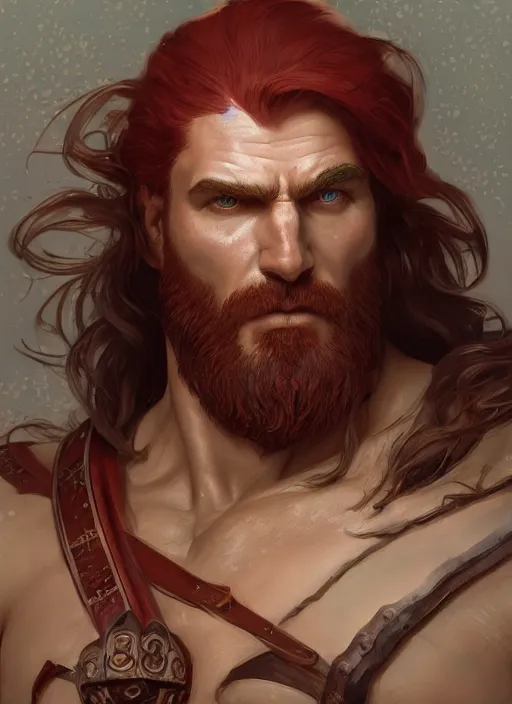 Prompt: portrait of a herculean man with red hair, style of god of war, swarm of sand, intricate, elegant, highly detailed, digital painting, artstation, concept art, smooth, sharp focus, illustration, art by artgerm and greg rutkowski and alphonse mucha, 8 k