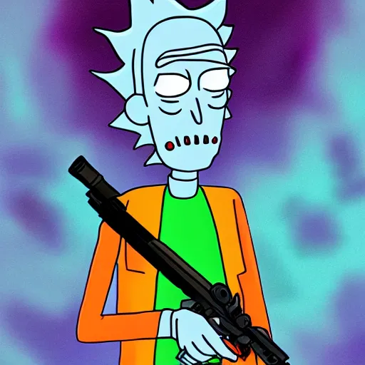 Image similar to portrait of alien rick holding a cybernetic rifle, rick and morty forever and forever a hundred years! g