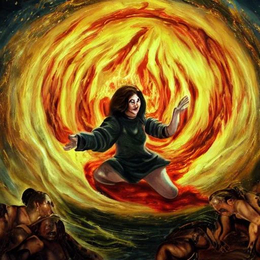 Image similar to painting of a woman falling into a portal of hell with demons surrounding her