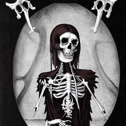 Prompt: scrawny teenage girl with short black hair and black irises. black and white skull facepaint. pointed face. black robes, corset of rib bones, bone ear piercings. femme-androgynous. surrounded by skeletons. skulls in hands, black white and light blue color scheme, baroque, by Michelangelo, high detail