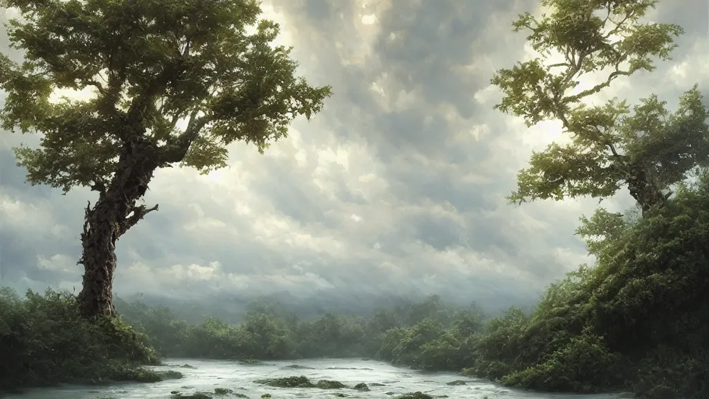 Image similar to very realistic oil painting of a single tree made of clouds with lots of very very cloud shaped leaves, A beautiful, highly detailed, masterpiece, next to a small crystal clear river, oil painting by Greg Rutkowski.