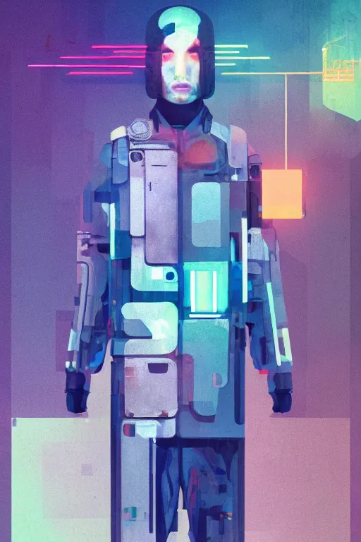 Prompt: full body government man, blade runner 2 0 4 9, scorched earth, cassette futurism, modular synthesizer helmet, the grand budapest hotel, glow, digital art, artstation, pop art, by hsiao - ron cheng