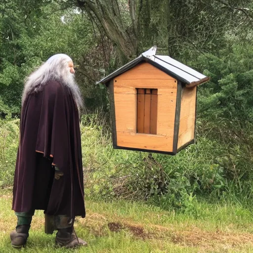 Prompt: gandalf protecting crimson bee hive