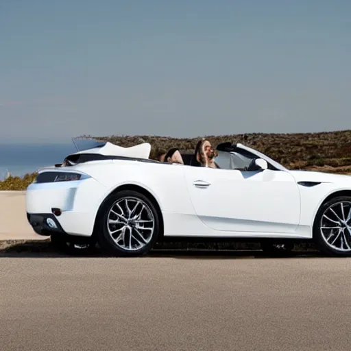 Image similar to a convertible sports car with seats covered in white fur