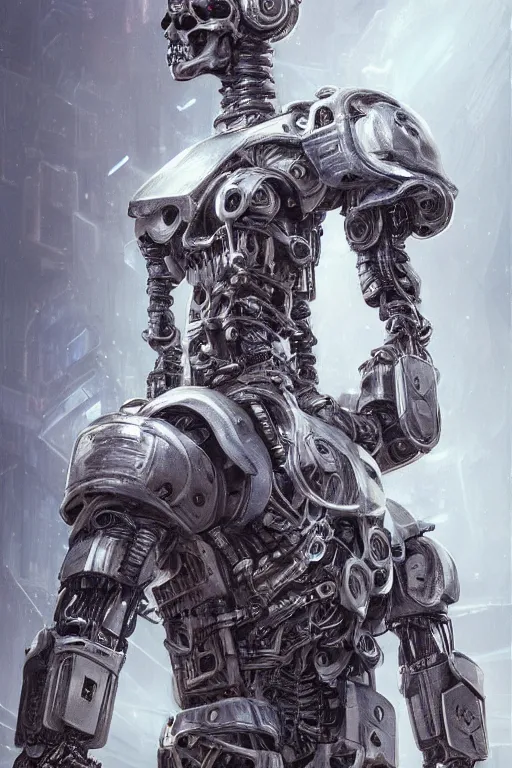 Image similar to Ultra realistic illustration of a robot sitting holding a human skull in it's hands, rune-engraved armor, cyberpunk, sci-fi, fantasy, intricate, elegant, highly detailed, digital painting, artstation, concept art, smooth, 8k octane render, extremely hyperdetailed, intricate complexity, sharp focus, illustration, art by artgerm and greg rutkowski and beeple