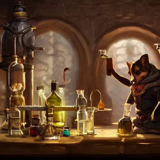 Prompt: d & d character art, corgi dog alchemist making a potion in a laboratory full of arcane trinkets, highly detailed digital illustration, fantasy, greg rutkowski, trending on artstation