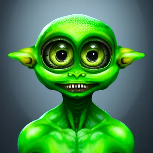 Prompt: a realistic of a cute green alien kid character, big eyes, friendly smile, sassy kid, expressive, studio lighting, f 2. 8, artstation, digital art,