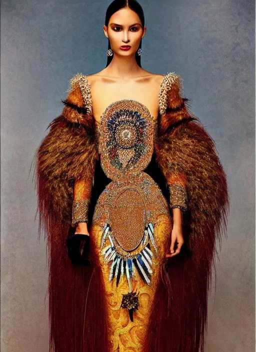 Prompt: glorious and luxurious haute couture dress on indigenous model woman with smooth skin, portrait, voluminous, masterpiece, intricate