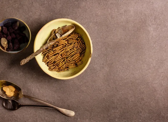 Image similar to dslr food photograph of a a bowl filled with rusty nails and milk with a spoon placed on the table next to it, 8 5 mm f 1. 8