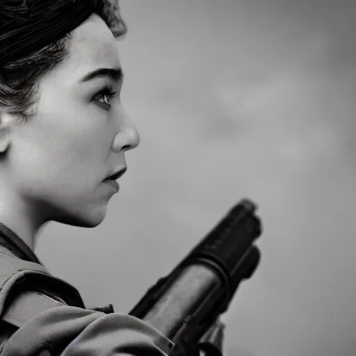 Image similar to a photograph of emilia clark as a female soldier, cinematic lightening, professional, pentax k 1 0 0 0, sharp focus