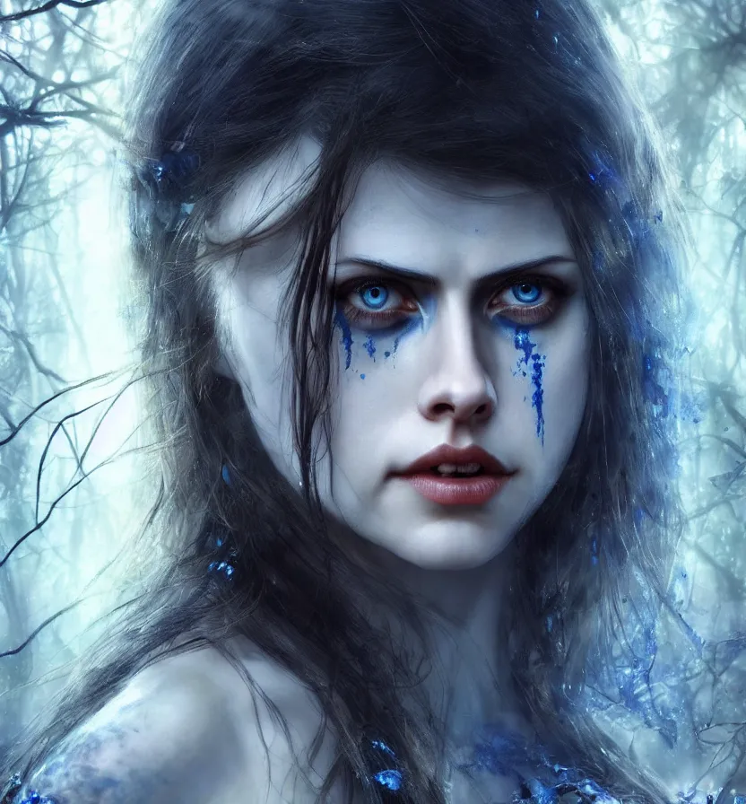 Image similar to photo of a gorgeous nordic female, covered in blue blood, in a dark forest, alexandra daddario face!, realistic, sharp focus, 8 k high definition, insanely detailed, intricate, elegant, art by stanley lau and artgerm, luis royo, greg kutkowski