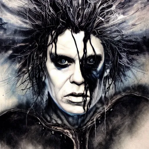 Image similar to stunning portrait of gaunt daniel ash a ( the cure fan ) as dream from sandman, dim stars as eyes, by jeremy mann, by cedric peyravernay, by by russ mills, by richard avedon and ben templesmith, dramatic lightning, sadness, dark eye sockets, in the shadows, punk rock, gothic, high detailed, 8 k