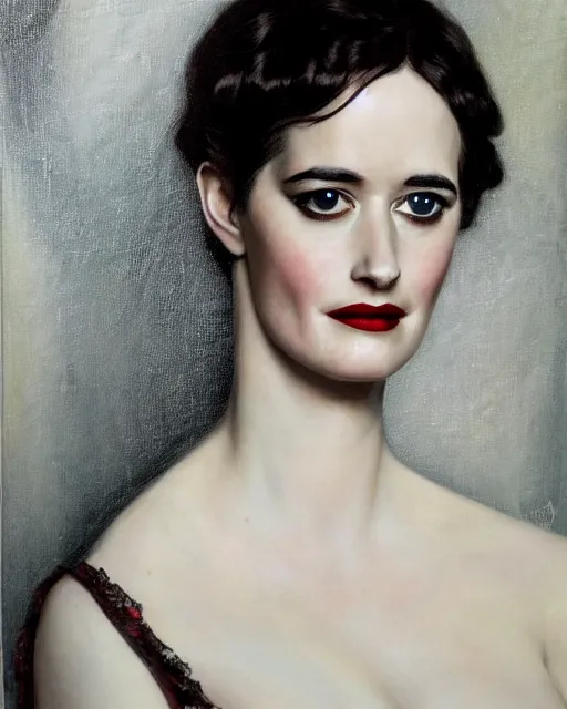 Prompt: portrait en buste of eva green vesper lynd vannessa ives by Hughes Merle, perfectly detailed eyes, realistic fabric, abundant detail