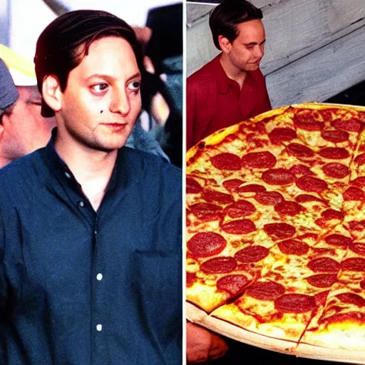 Image similar to tobey maguire eating the biggest pizza in the world