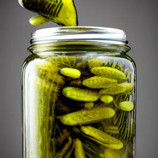 Prompt: an anthropomorphic gullible dill pickle tickling other pickles while being pickled in a bottle