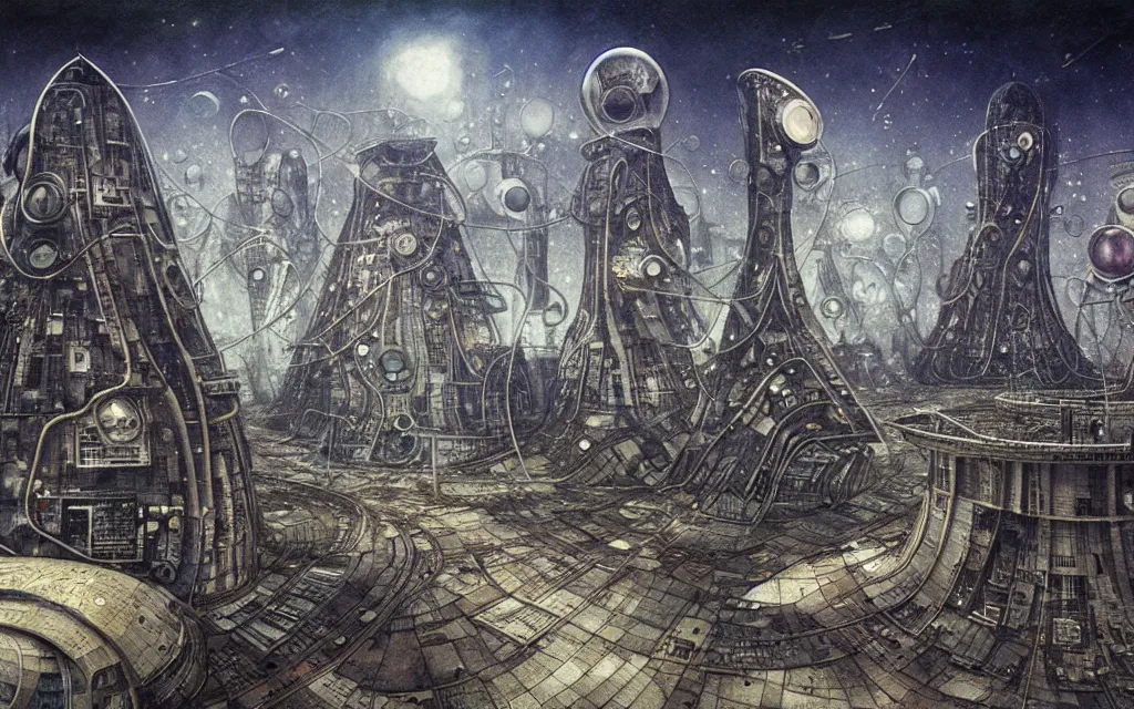 Image similar to futurist high tech colony, perfect future, award winning art by santiago caruso, iridescent color palette