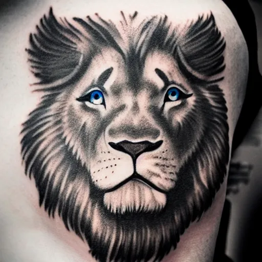 Prompt: black and white tattoo of a lions head with blue eyes and shadows